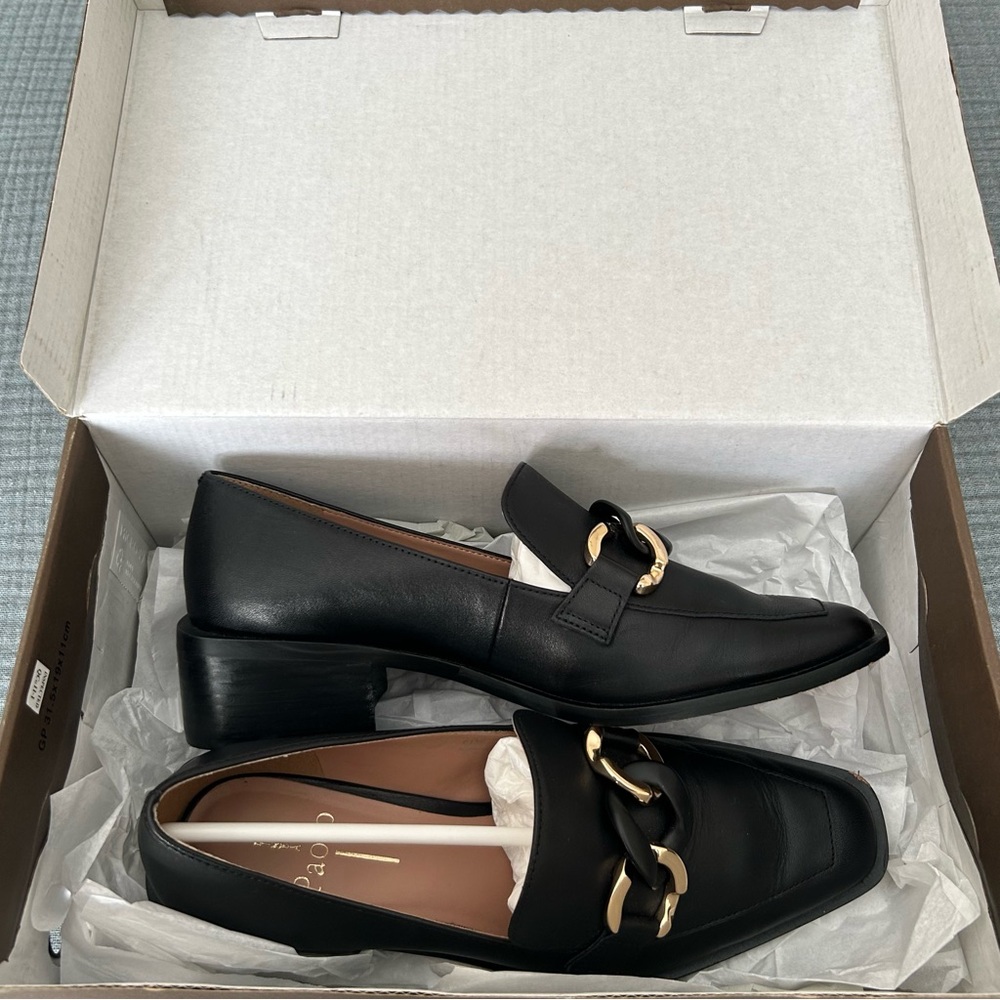 Black Loafers with Gold Chain Detail